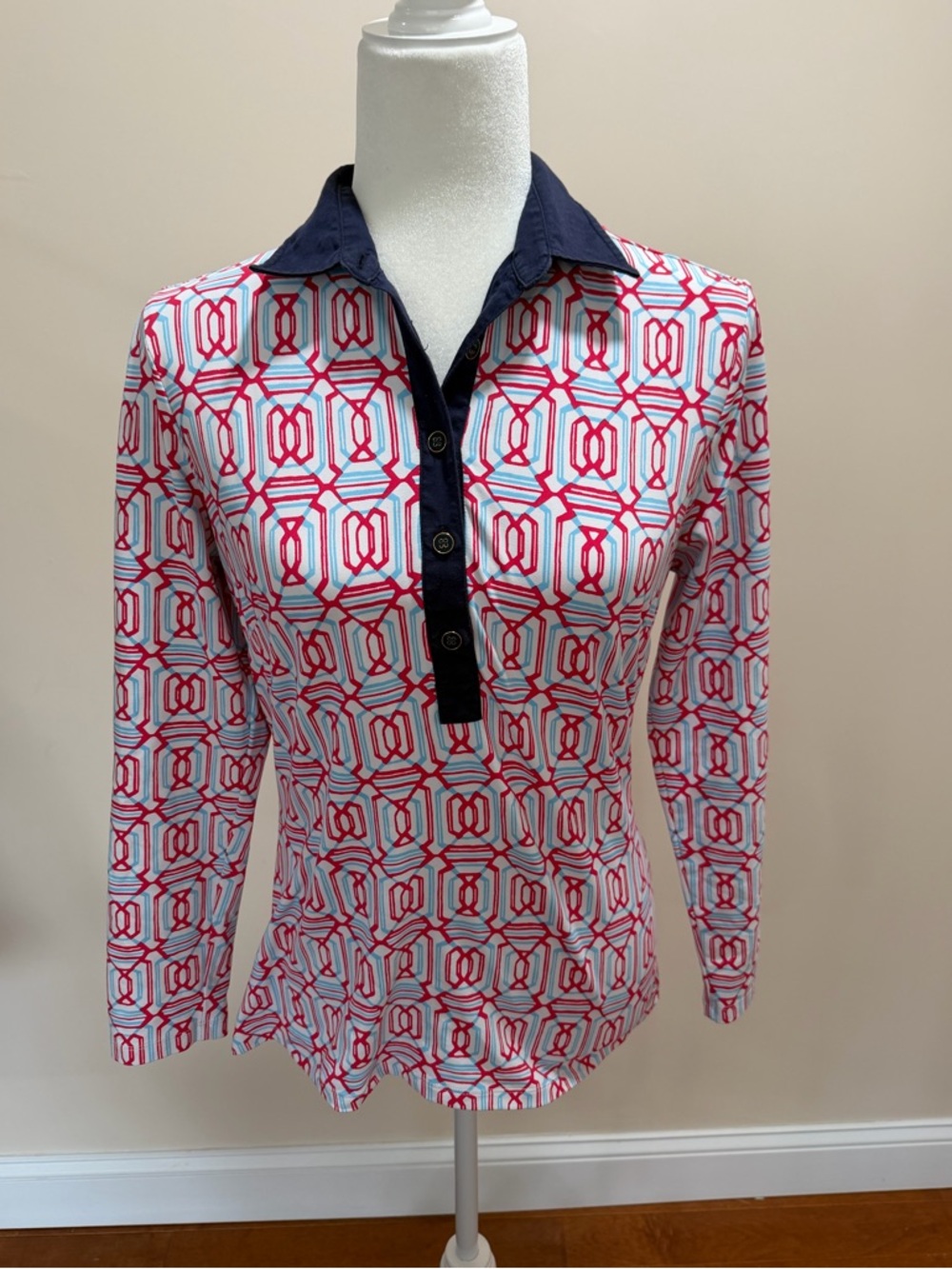 J. McLaughlin White w Pink Blue Pattern Catalina Cloth Long Sleeve Polo Top S - Picture 2 of 6
